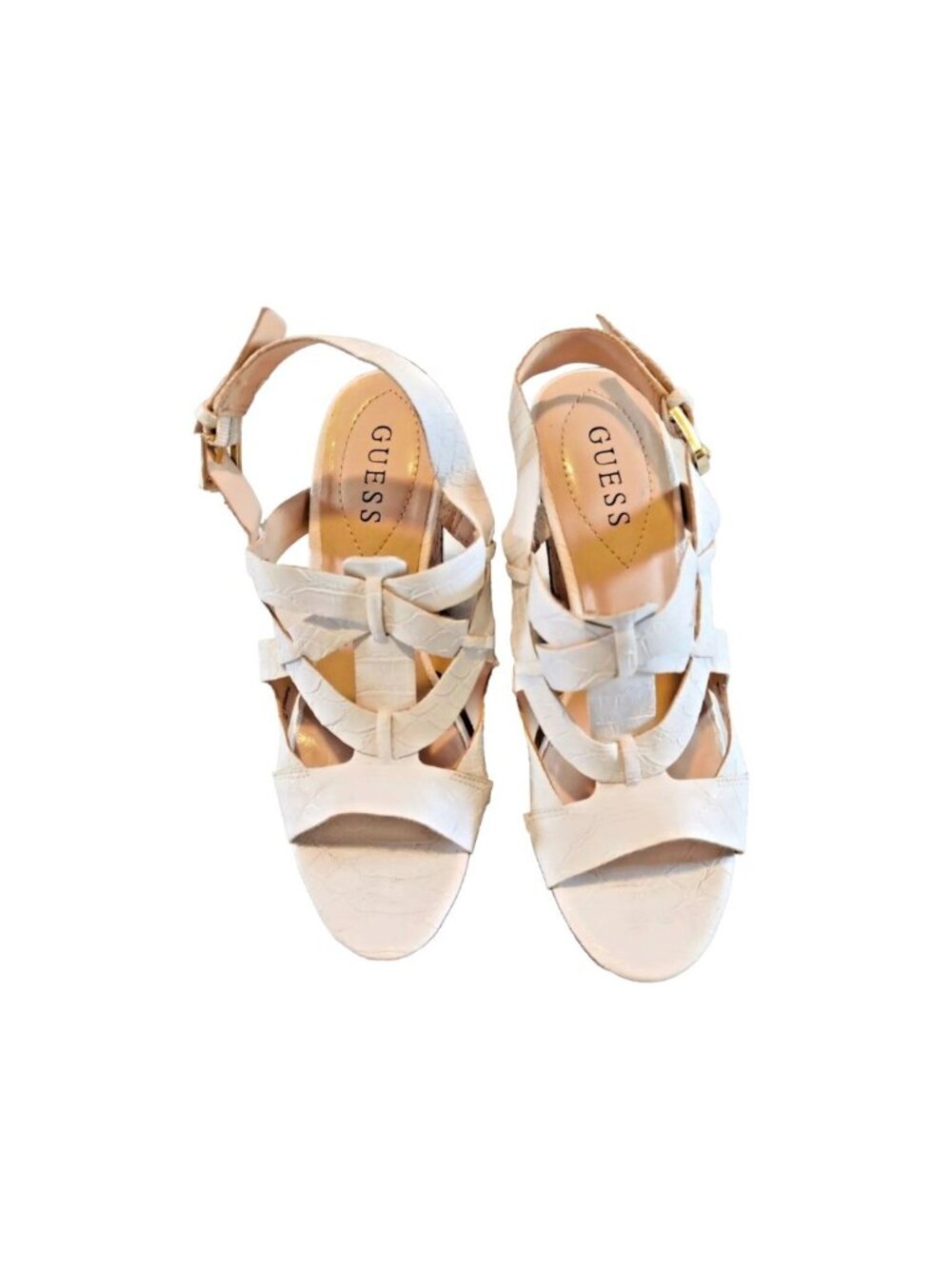 Guess Harlea Womens Wedge Sandals Size 10 White Snakeskin Embossed Cork Platform